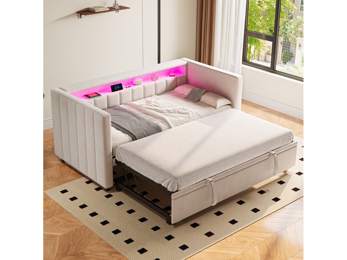 Sofá Cama 90x190 Cm Veludo Bege Com Usb-c, Led E Armazenamento
