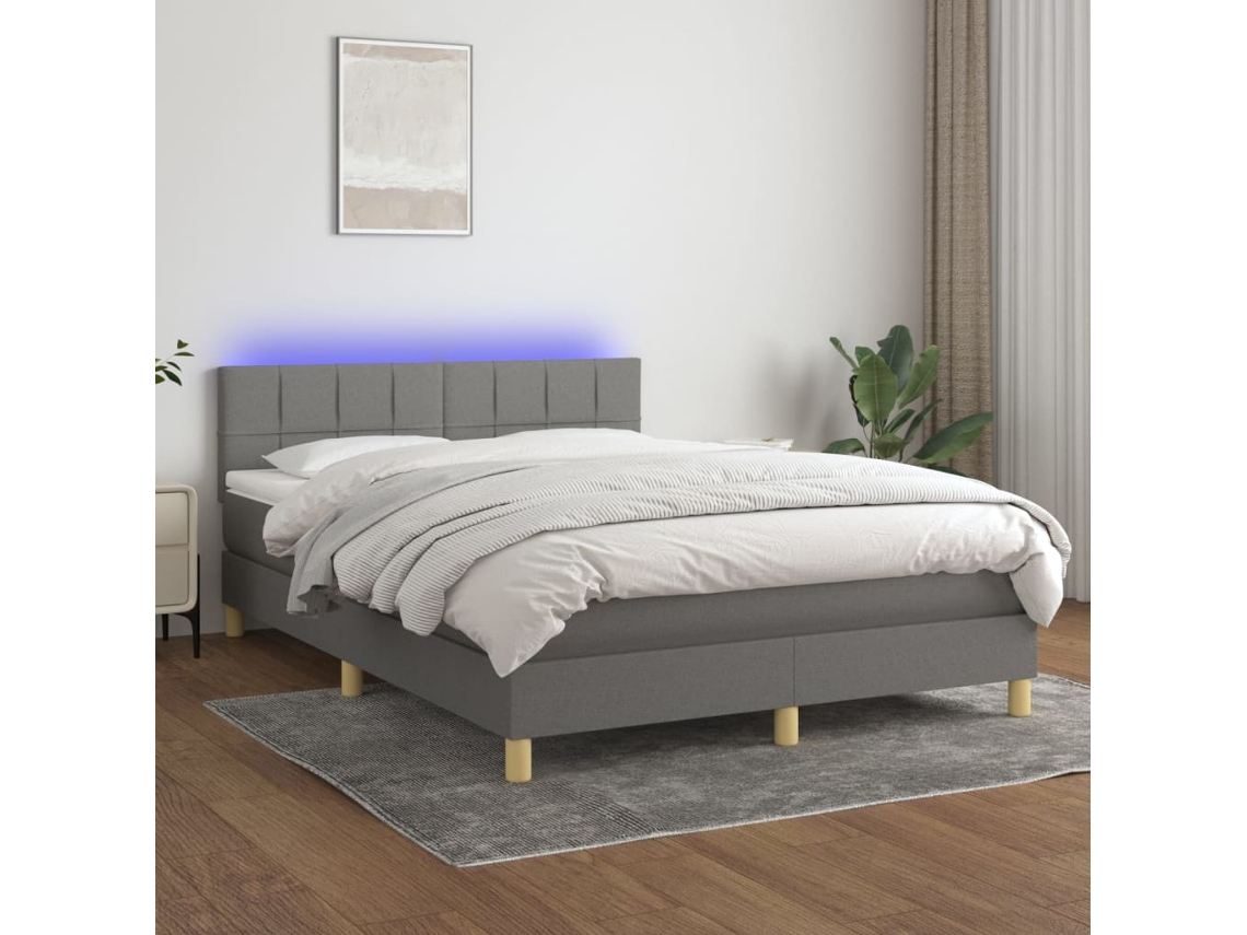 Vidaxl Cama Box Spring C/ Colchão e Led 140x190 Cm Tecido Cinza escuro