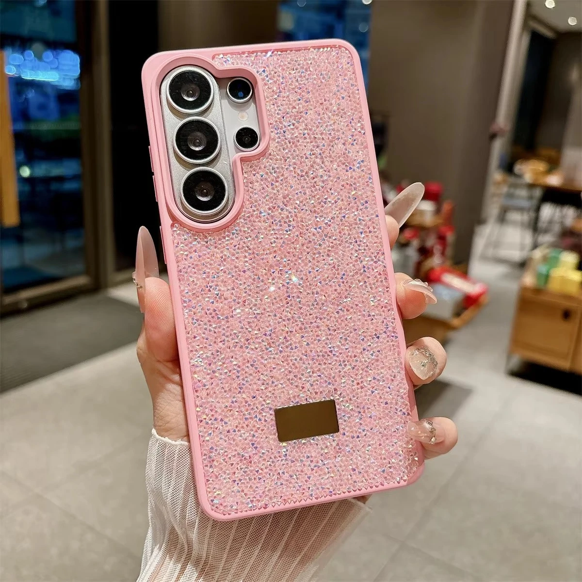 (rosa, Galaxy S25) Capa Brilhante Para Celular Samsung, Com Logo Metálico Na Parte Traseira E Proteção Completa.