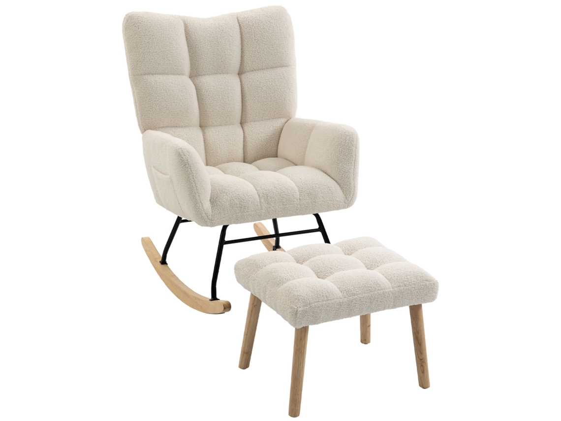 Cadeira De Balanço Sherpa Com Apoio Para Os Pés, Bolsos Laterais, Assento Grosso E Design Acolchoado, Cor Creme.