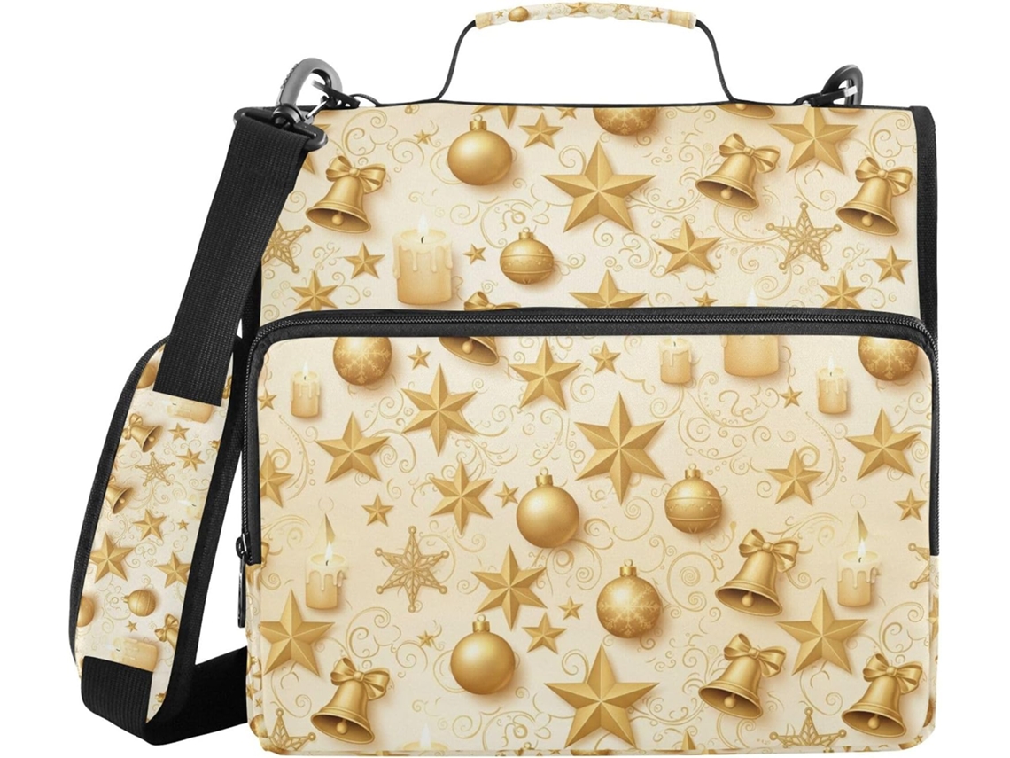 Pasta Dourada De Natal Com Fecho Sinos E Estrelas, Alça De Ombro, Vários Bolsos, 3, 8cm 1, 5 Polegadas, Sistema De