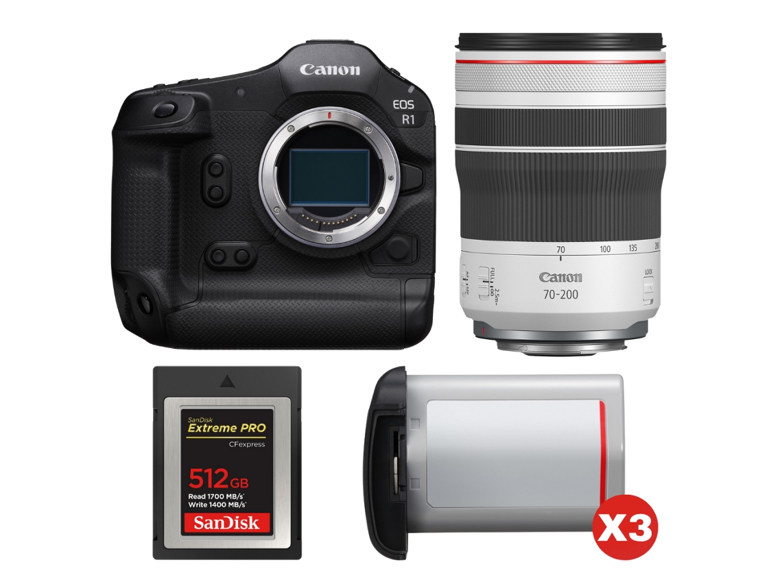 Eos R1 + Rf 70 200mm F/4 L Is Usm + 1 Sandisk 512gb Extreme Pro Cfexpress Type B + 3 Canon Lp e19 + Ebook “20 Dicas para Fotos Que Impressionam” CANON