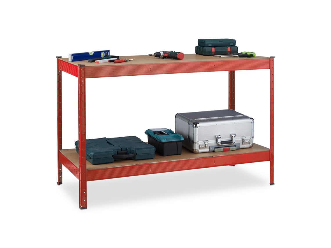 Bancada De Trabalho Relaxdays, 600 Kg, 91 X 141 X 61 Cm, 2 Níveis Ajustáveis, Mesa De Trabalho, Aço E Mdf, Estante Roja