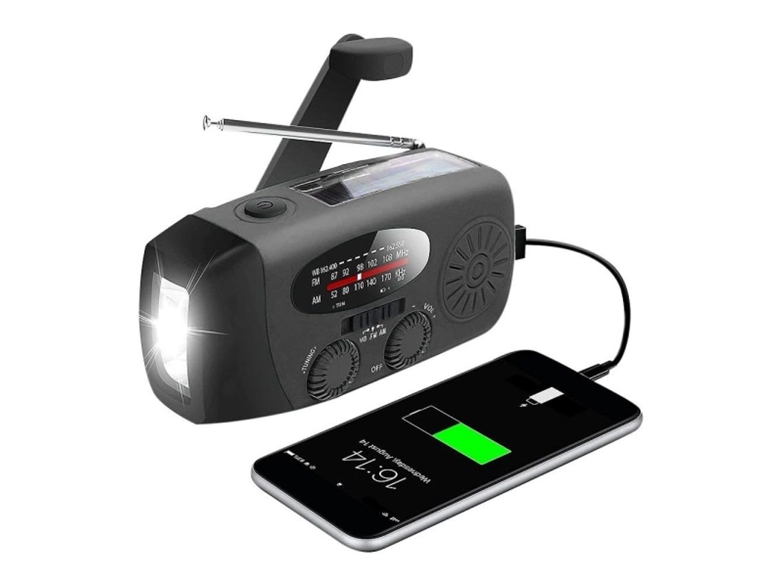 RÁDIO DE EMERGÊNCIA AQUAFORGE com célula solar, FM/AM, manivela, lanterna LED, 2000mah, amarelo