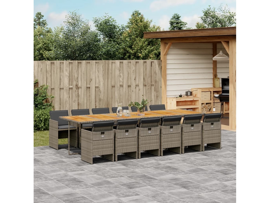 Vidaxl 13 Pcs Conjunto Jantar P/ Jardim C/ Almofadões Vime Pe Cinzento