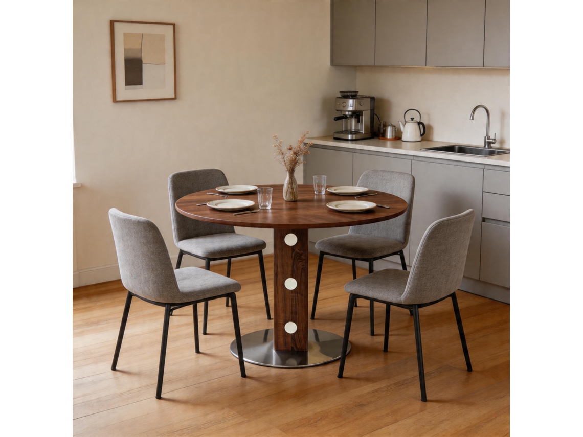 Mesa Jantar Redonda Pedestal Quadrado Nogueira Metal 100cm 2-4p
