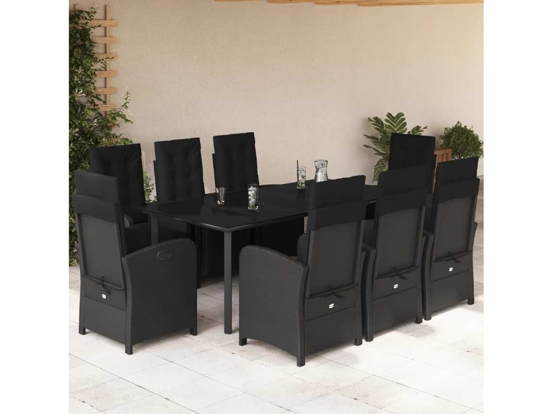 Vidaxl 9 Pcs Conjunto De Jantar P/ Jardim C/ Almofadões Vime Pe Preto