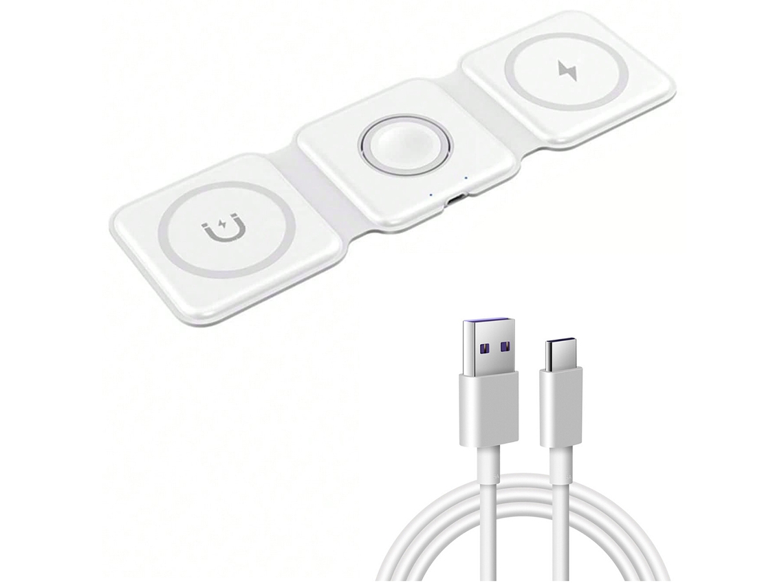 Carregador Sem Fio 3 Em 1 De 100 W (com Fio, Branco) Com Suporte Magnético E Base De Carregamento Rápido.