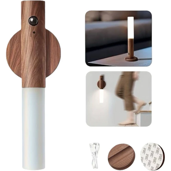 Luminária de parede magnética com sensor de movimento e carregamento USB. Madeira Lantern For Wall, Branca Quente, For Internal Use. Nogueira