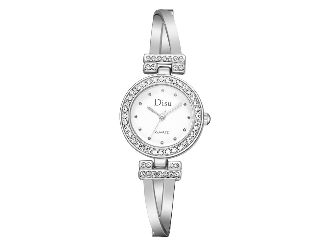 Relógio de Pulso Feminino Disu com Strass Relógio de Quartzo Prata Branco Casual Elegante