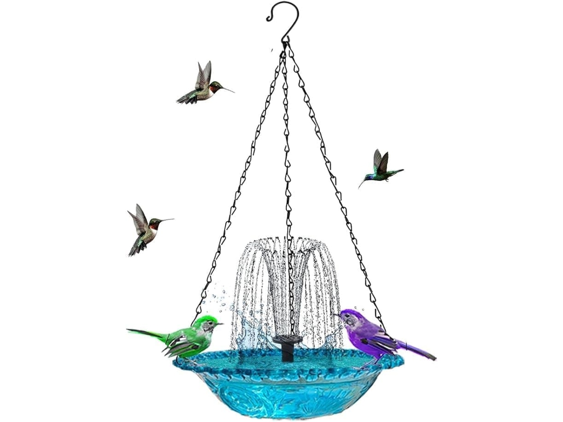 Bebedouro Solar Suspenso Para Pássaros Com Fonte – Bebedouro Solar Para Pássaros Para Jardim E Pátio Azul