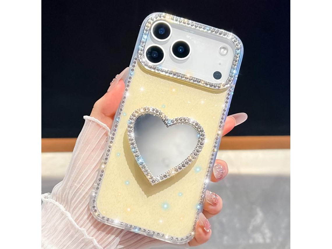 Capa Para Iphone 17 Pro Com Espelho Com Glitter De Diamante E Suporte Em Formato De Coração.