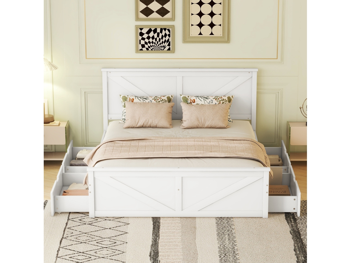 Cama Em Madeira 160 X 200 Cm Cama Individual Com 4 Gavetas De Arrumação Branco Estilo