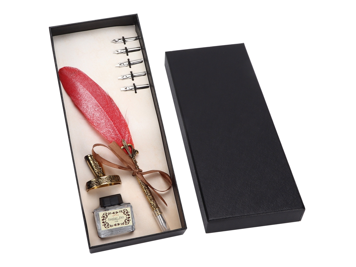 Set Pluma De Pluma Craft Retro Estampado Acero Inoxidable Para Firma Regalo Decoración Mesa Rojo