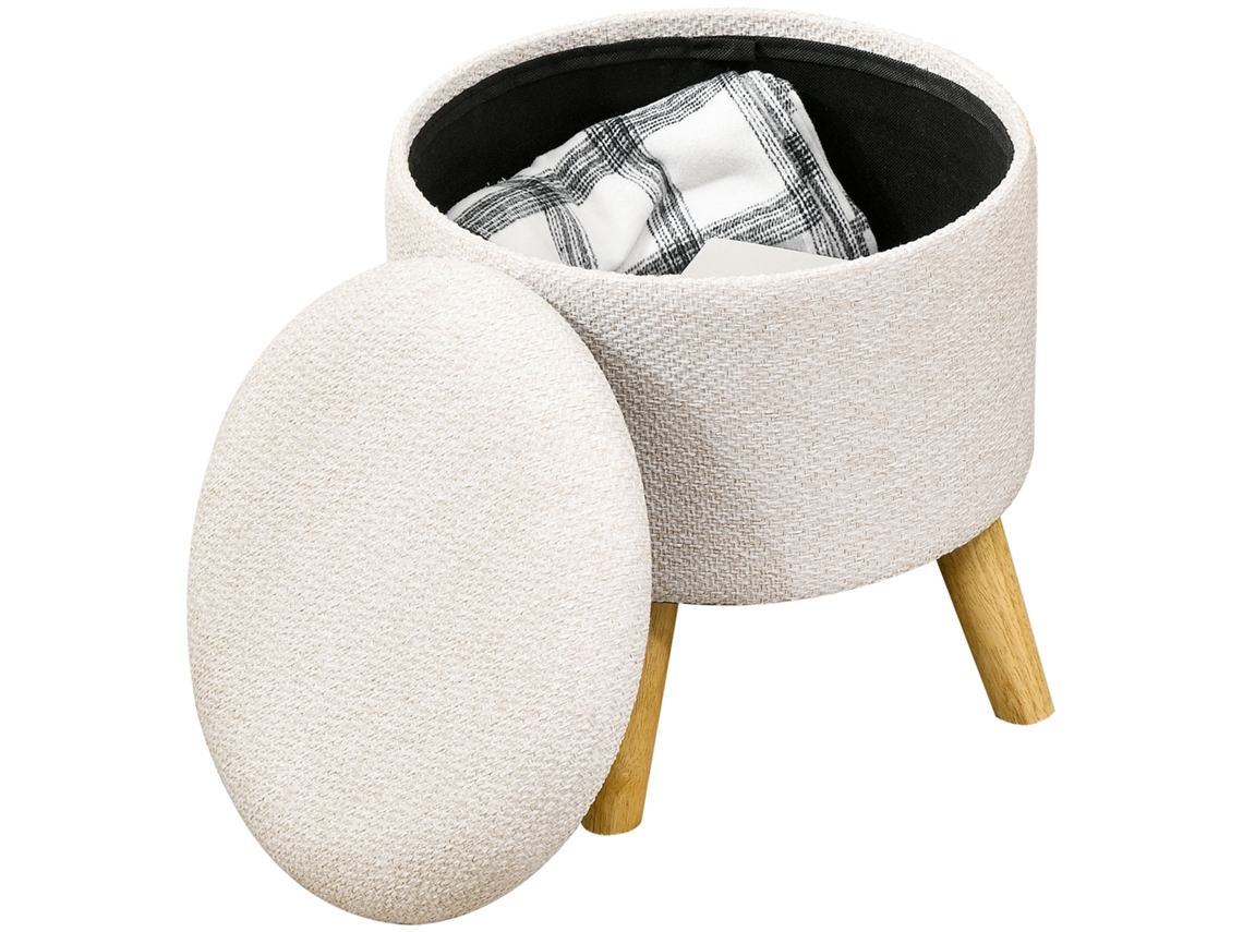 Puf Redondo com Compartimento de Armazenamento, Pés de Madeira, Design Moderno, Cor Creme. PRIME KANG