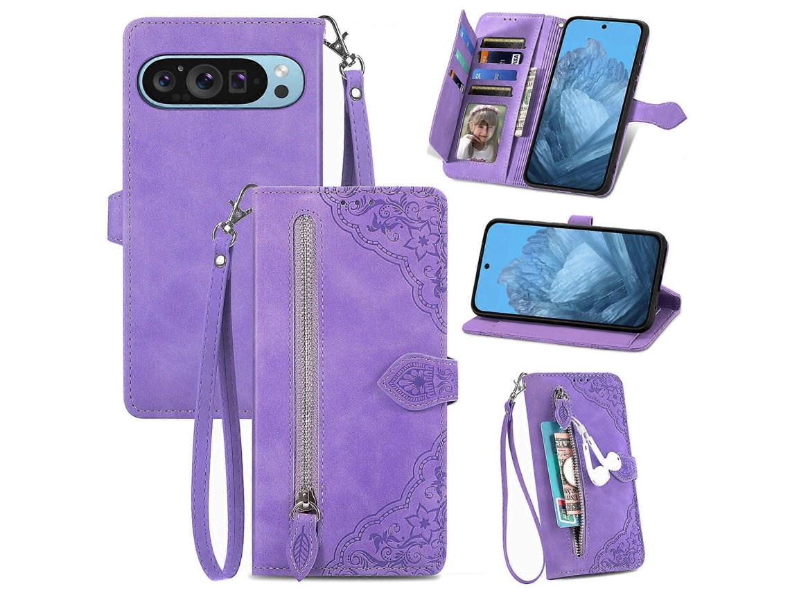 Capa De Couro Para Celular Com Zíper E Flor Em Relevo