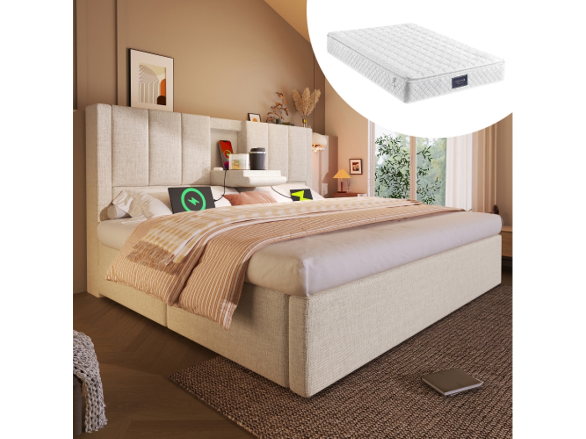 Cama Estofada De Casal 140x200cm Com Porta-copos Embutido E Estação De Carregamento, Cama Hidráulica Com Espaço De Armazenamento Embaixo,com Colchão