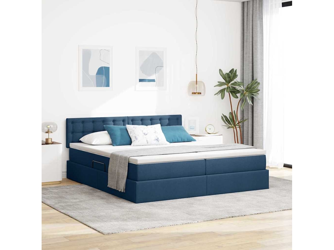 Vidaxl Cama De Armazenamento Led Com Colchão Azul 180 X 200 Cm Tecido
