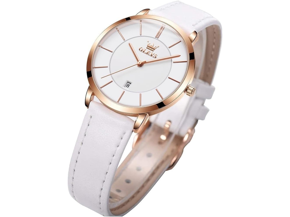 Lurelia Relógio Feminino, Modelo Ony-364, Movimento De Quartzo, Data/calendário, 33 Mm, 9 Polegadas, Aço Inoxidável, Couro, Resistente À Água, Branco
