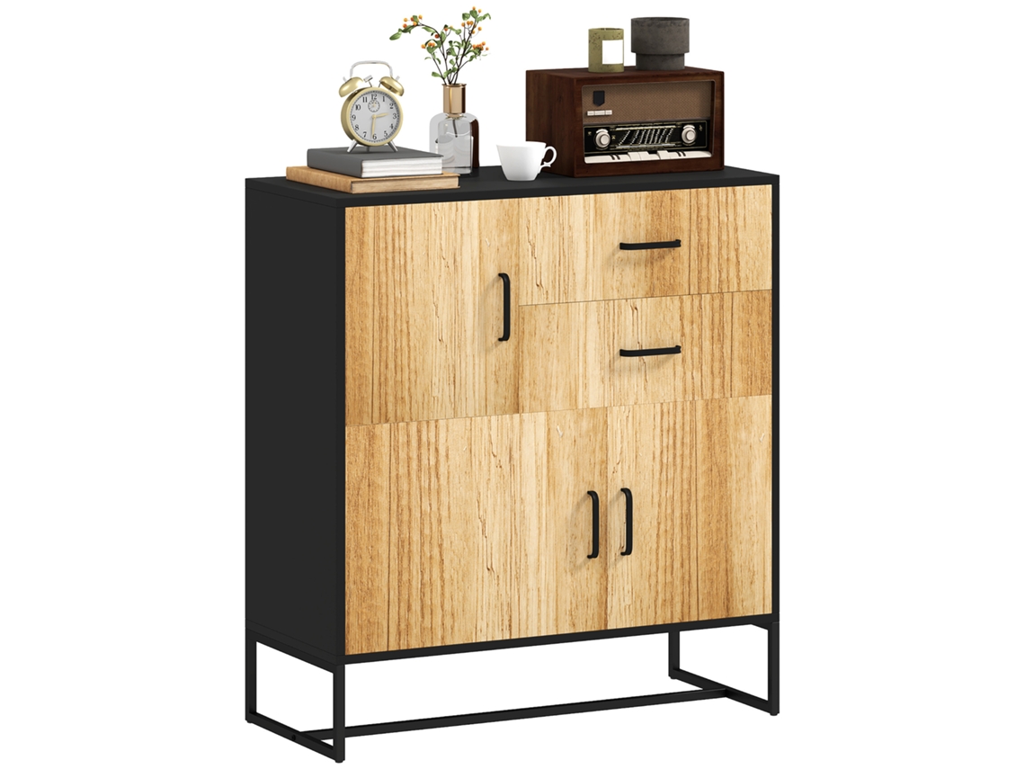 Credenza Moderna com 3 Armários, 2 Gavetas, Aglomerado e Aço, 80x35x85cm Preto e Madeira S/MARCA