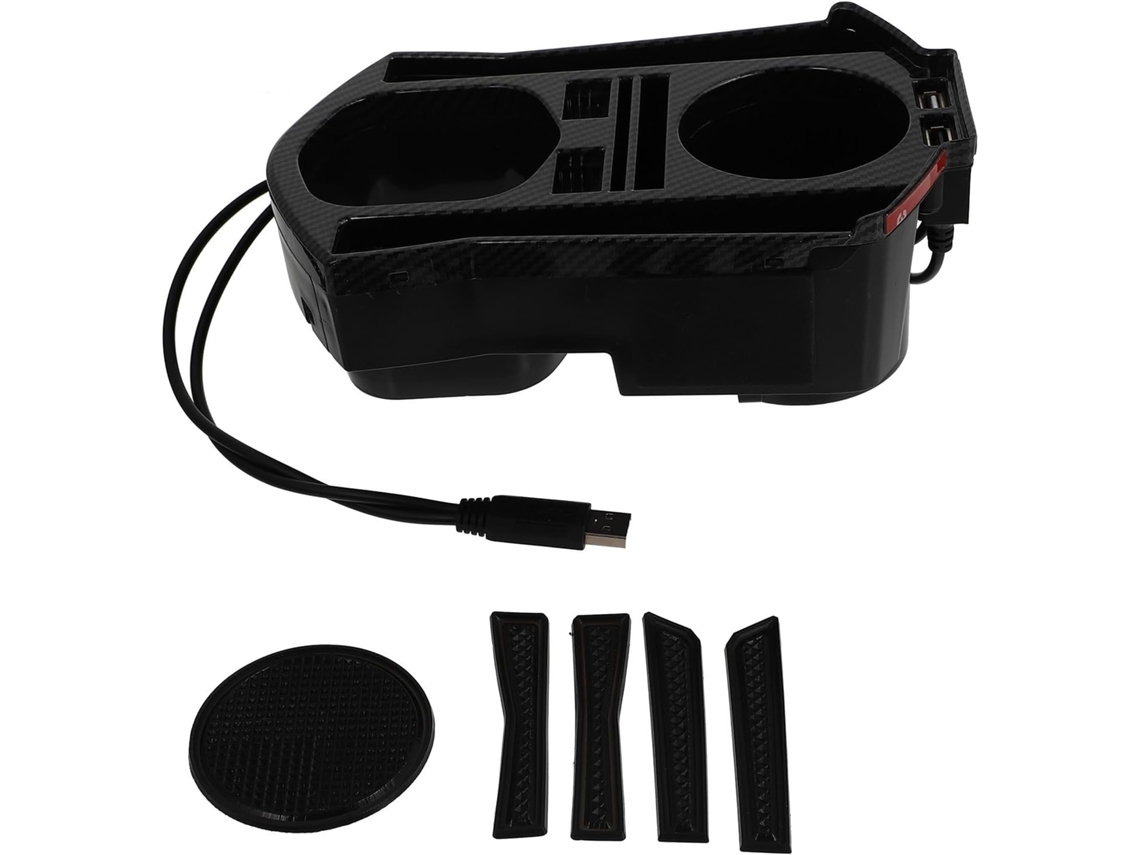 Caixa organizadora para console central de carro com dois porta-copos.