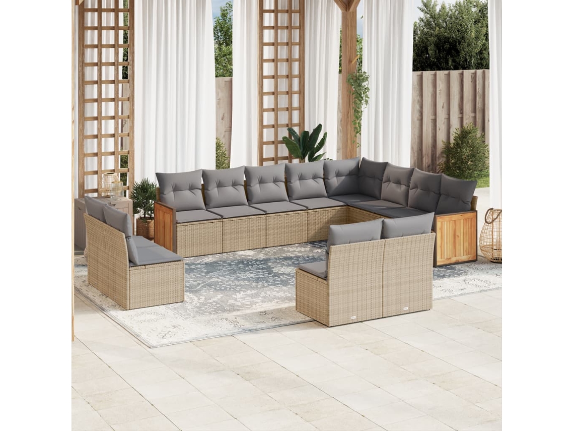 Vidaxl 12 Pcs Conjunto De Sofás P/ Jardim Com Almofadões Vime Pe Bege