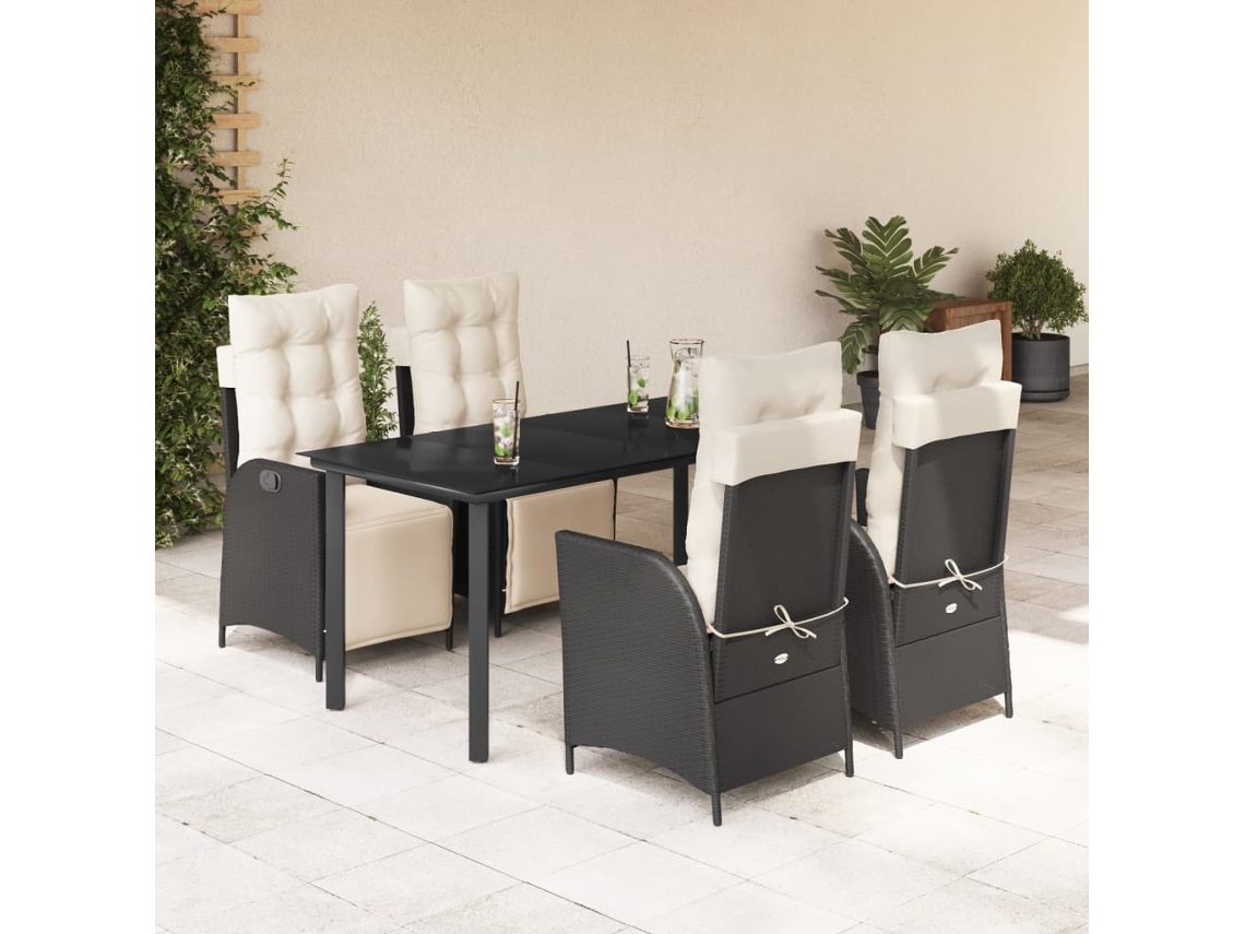 Vidaxl 5 Pcs Conjunto De Jantar P/ Jardim C/ Almofadões Vime Pe Preto