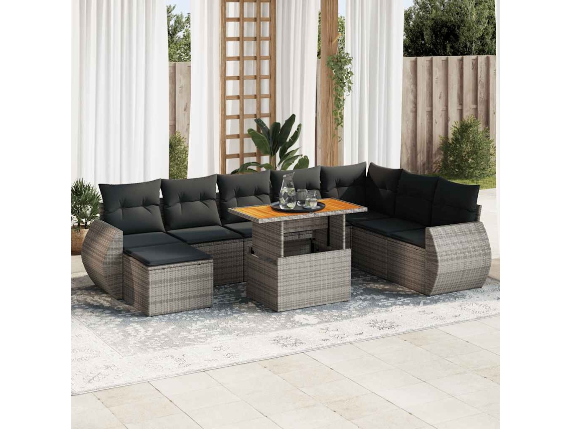 Vidaxl 9 Pcs Conjunto Sofás P/ Jardim Com Almofadões Vime Pe Cinzento