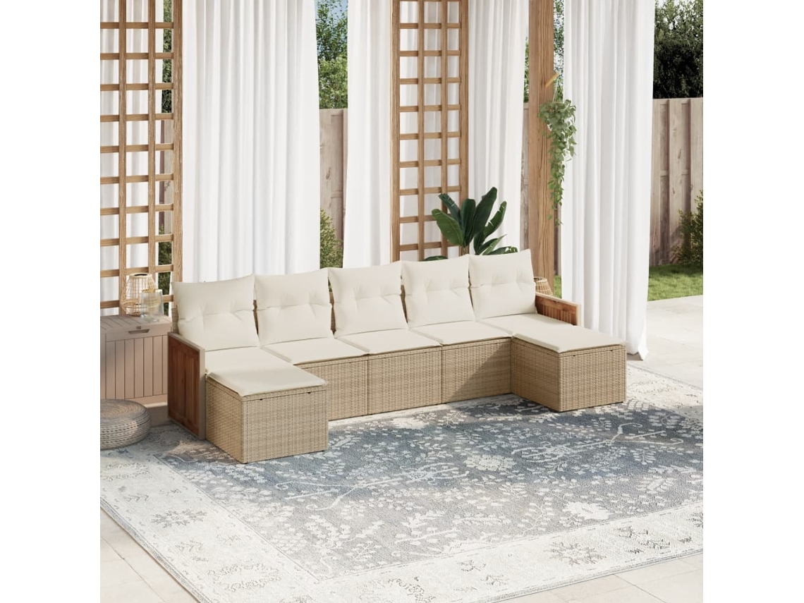 Vidaxl 7 Pcs Conjunto De Sofás P/ Jardim Com Almofadões Vime Pe Bege
