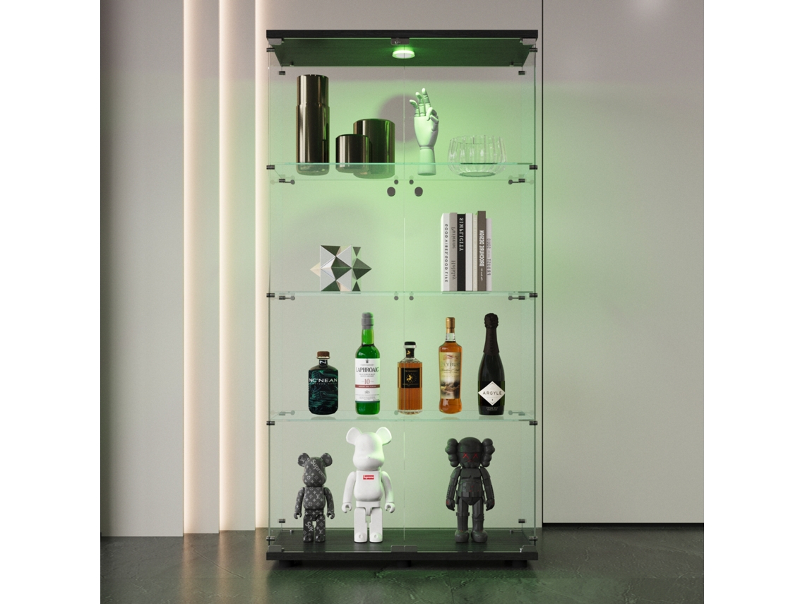 Vitrine em Vidro com 4 Níveis, Armário em Vidro com Porta Dupla, Iluminação Led e Datedura, para Hall de Entrada, Sala e Quarto, Preto ROSAHQNDA