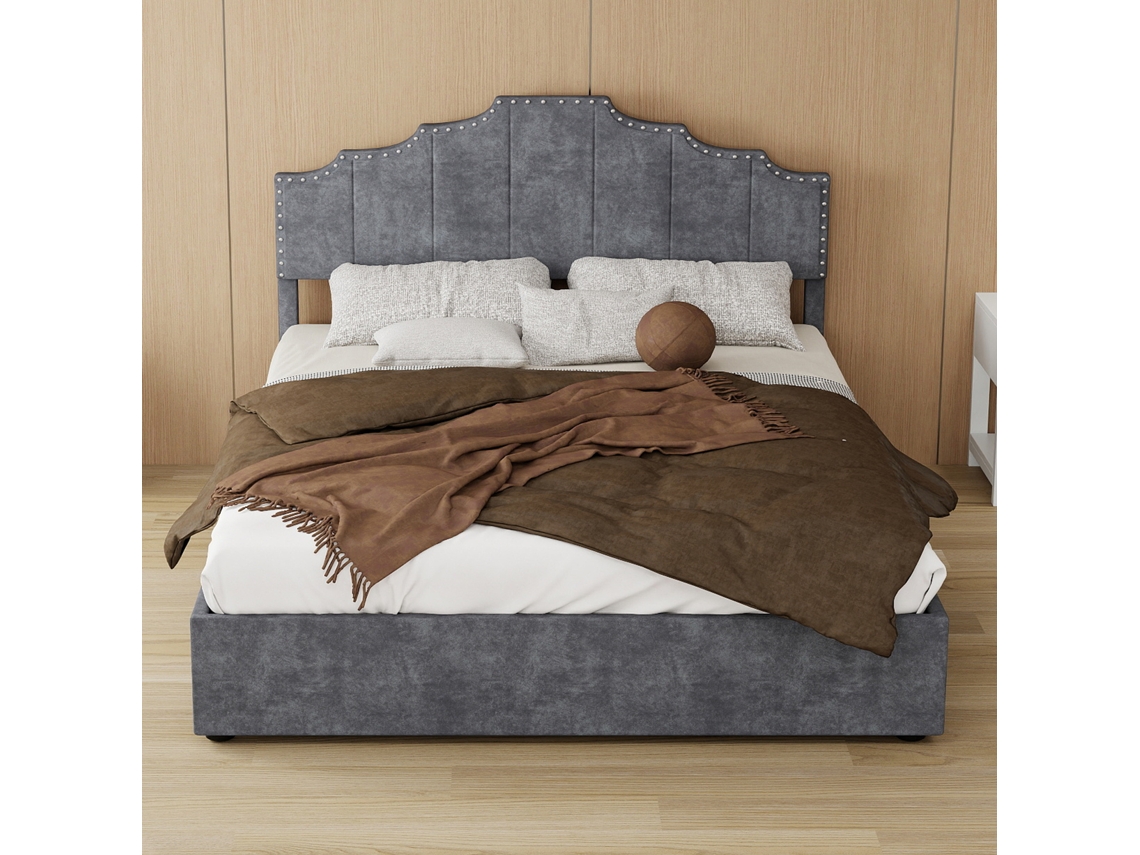 Cama Macia Minimalista Moderna, Cabeceira Confortável, 140x200cm, Cinza, Cama Multifuncional Com Baú E Pistão A Gás, Colchão Não Incluso.