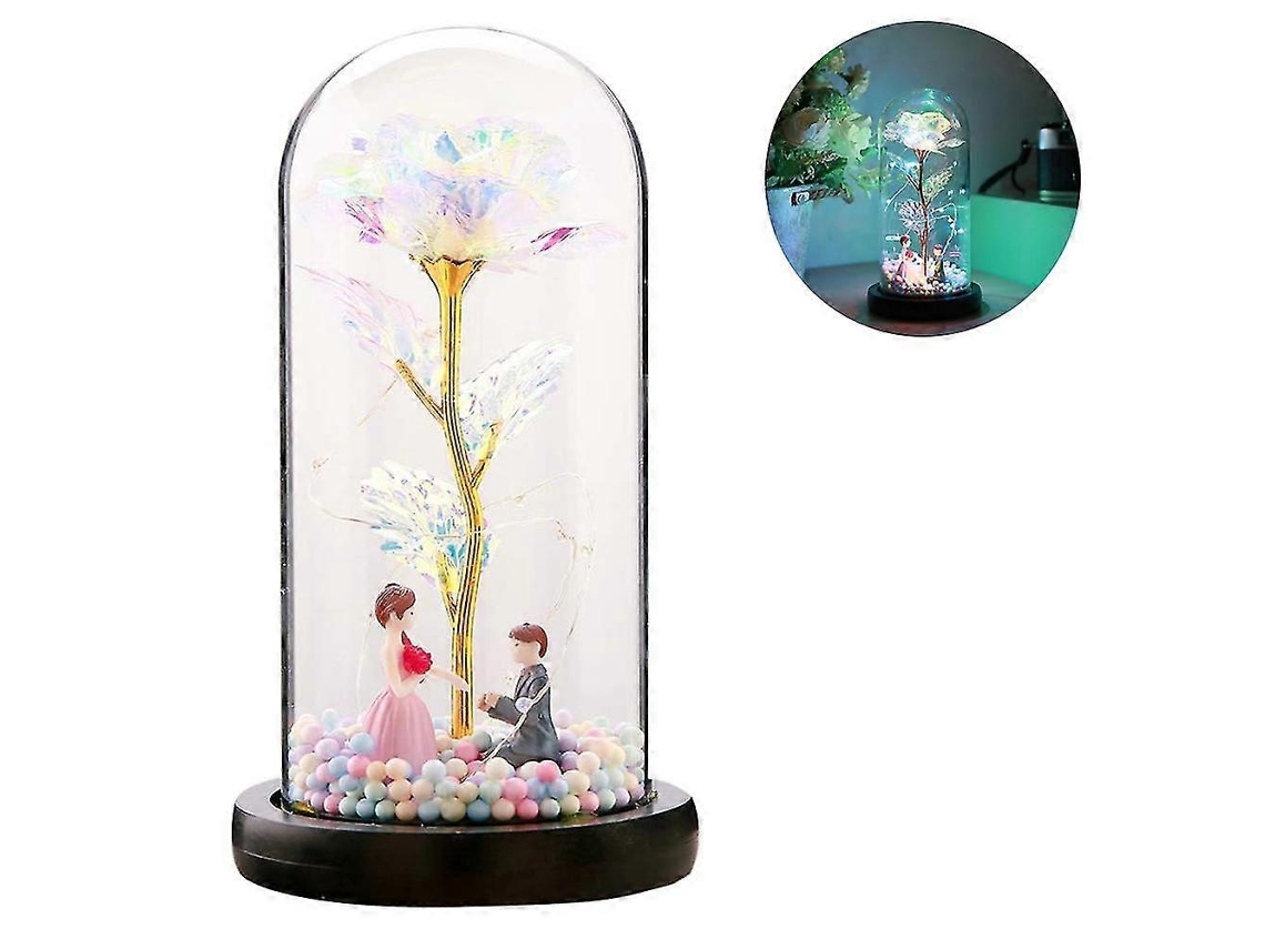 Rosa em jarro, rosa de seda com cúpula de vidro e luz LED sobre base de madeira - Estilo 2