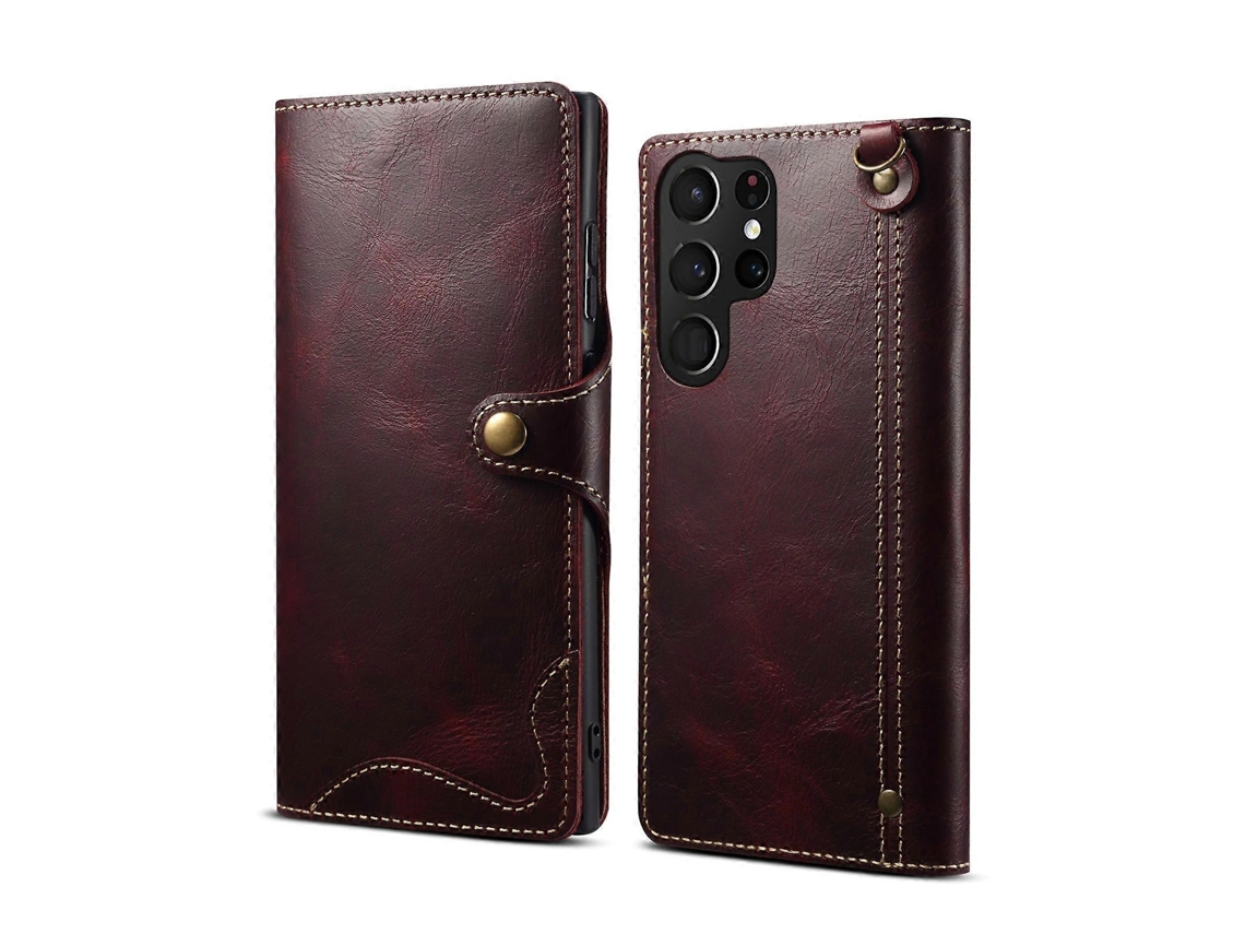 Capa De Couro Bovino Com Acabamento Em Cera De Alta Qualidade E Botão Magnético Para Samsung Galaxy S23 Ultra 5g