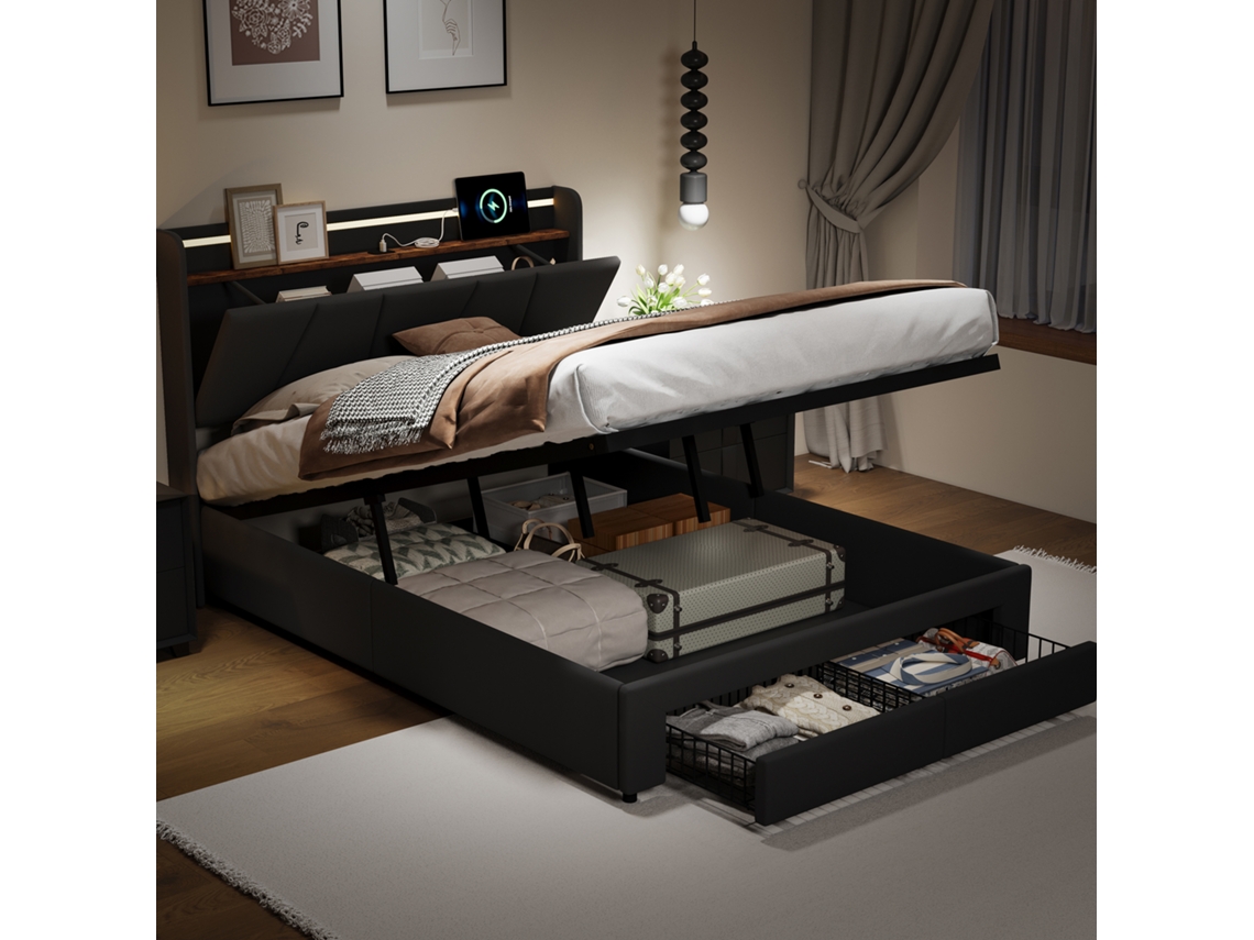 Cama Casal 160x200 Cm com Led, Carregamento, Armazenamento, Cinza, SIMURQ