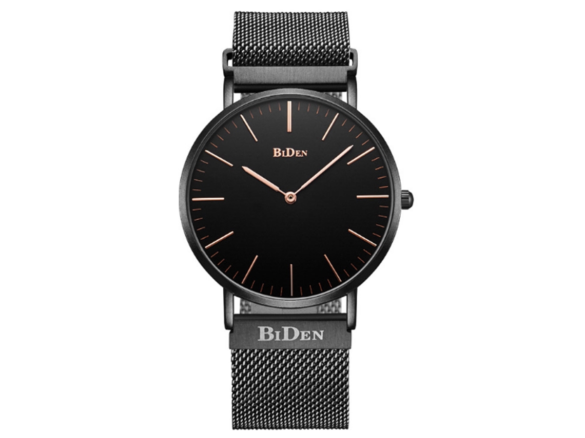 Relógio de pulso masculino Biden, simples, elegante, para negócios, à prova d'água, aço, pulseira de malha, quartzo, preto.