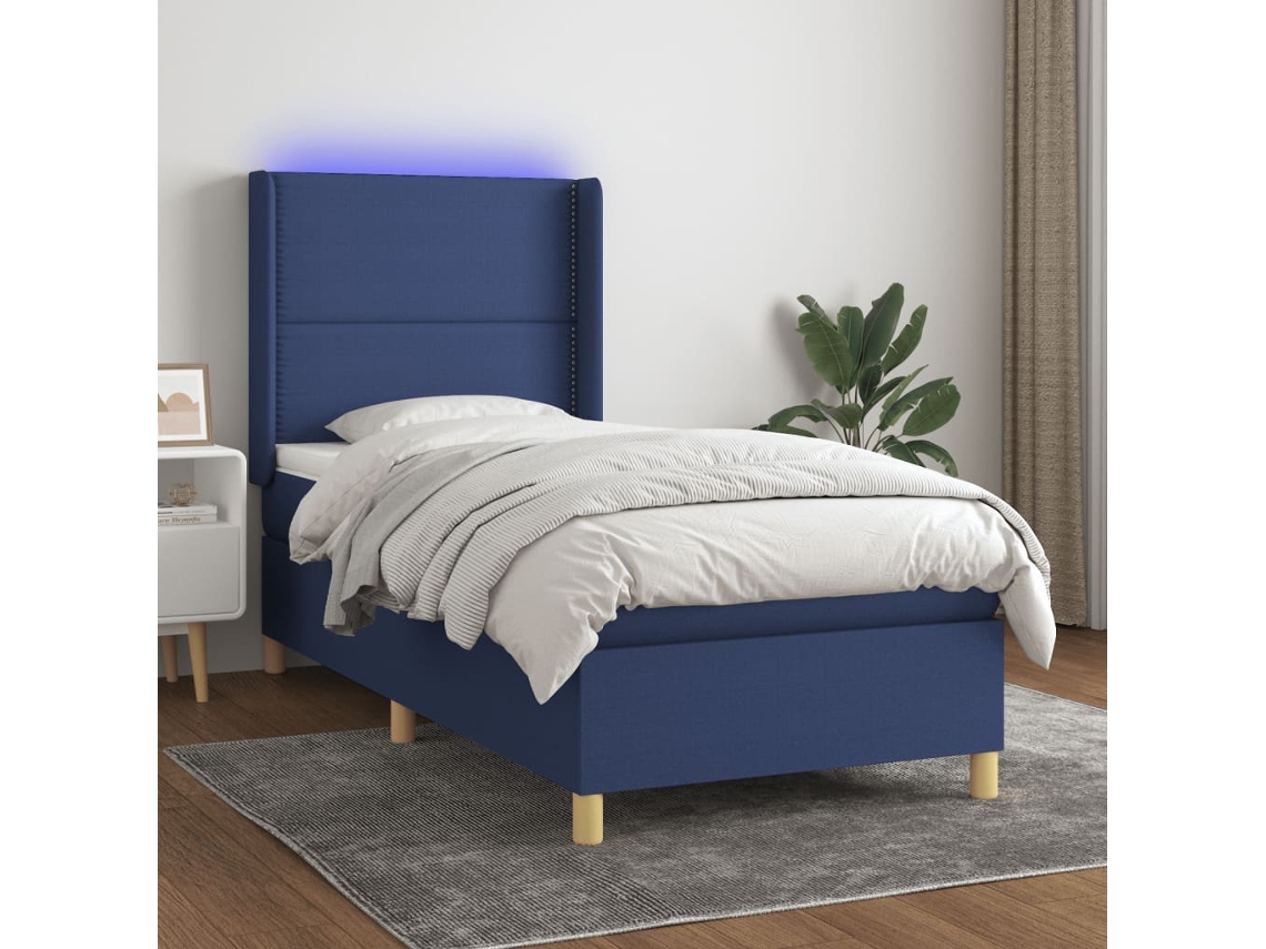 Vidaxl Cama Box Spring C/ Colchão E Led 90x200 Cm Tecido Azul
