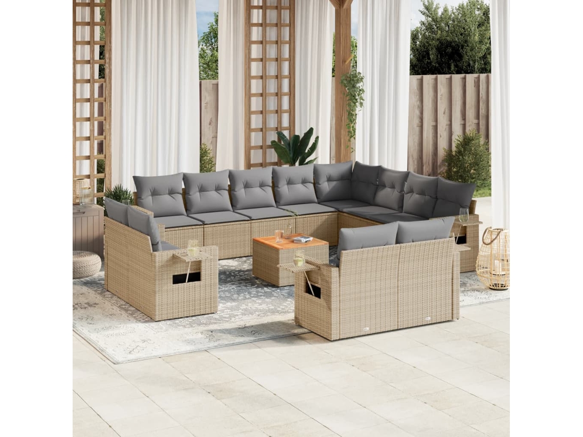 Vidaxl 13 Pcs Conjunto De Sofás P/ Jardim Com Almofadões Vime Pe Bege