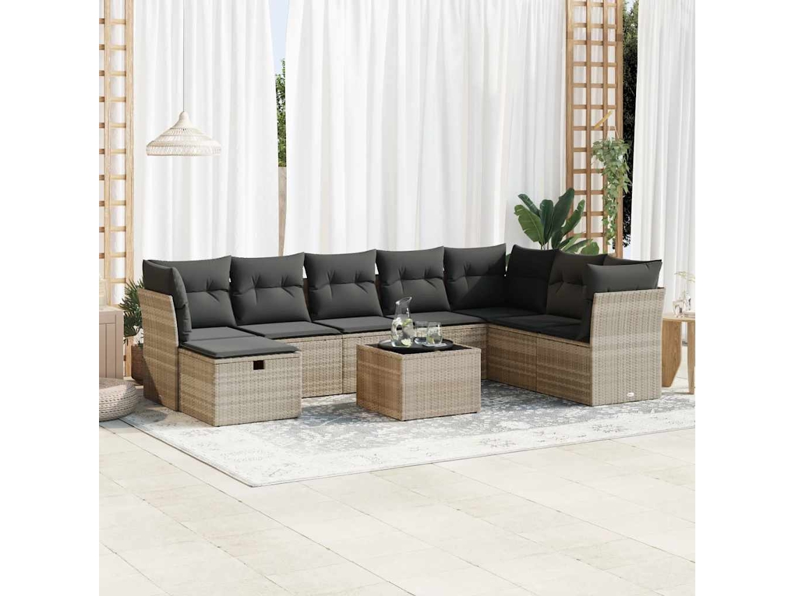 Vidaxl 9 Pcs Conj. Sofás Jardim Com Almofadões Vime Pe Cinzento-claro