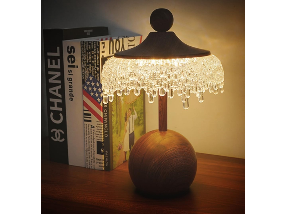 Mesa moderna com base em efeito madeira e cúpula de acrílico, luz LED tricolor, conexão USB, farol 19
