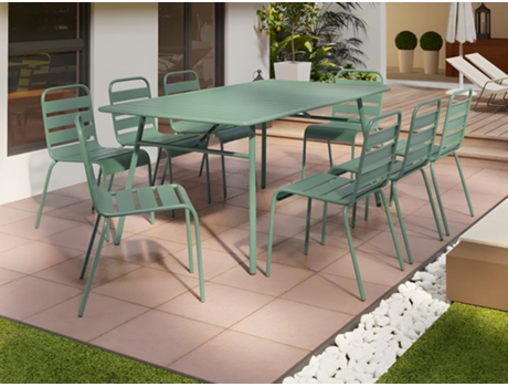 Mesa de Jantar de Jardim em Metal Uma Mesa de 200cm e 8 Cadeiras Empilháveis Verde Amêndoa Mirmande por MYLIA