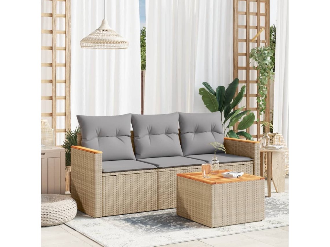 Pcs Conj. Sofás Jardim C/ Almofadões Vime Pe Bege Misturado Dkd Home Decor
