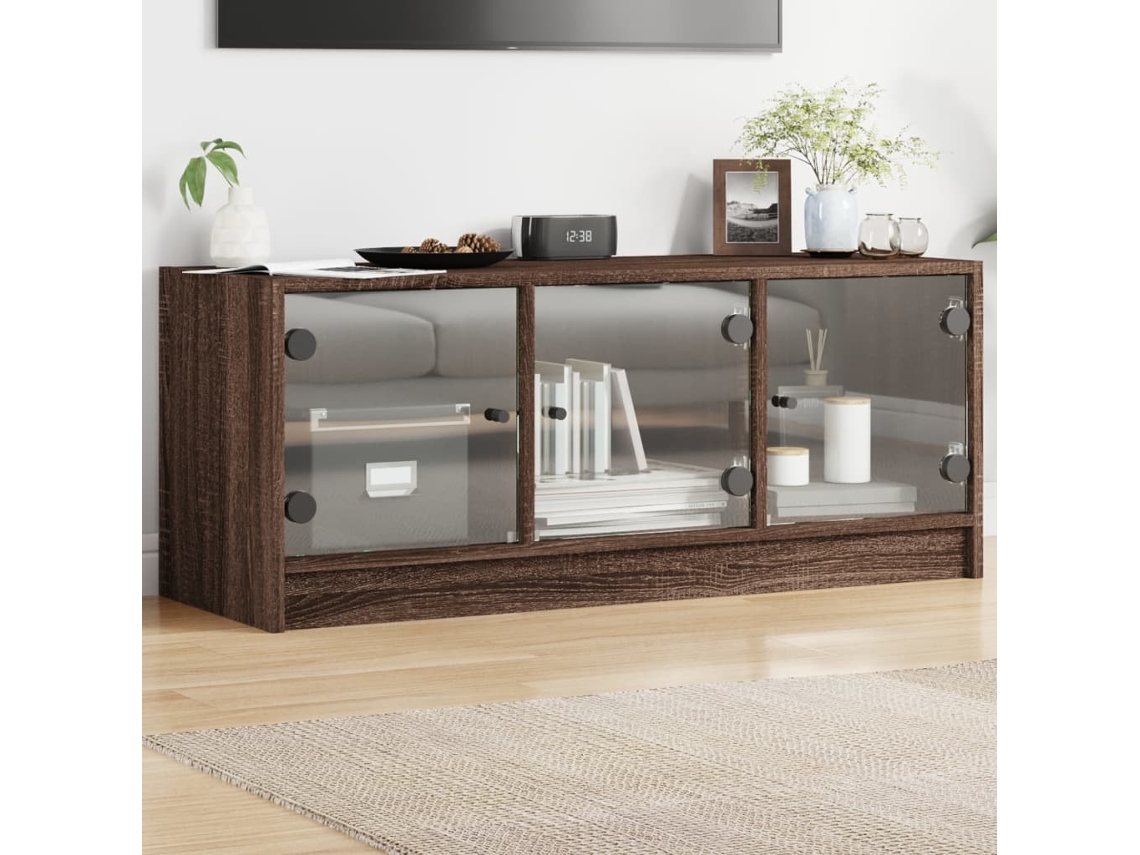 Vidaxl Móvel De Tv C/ Portas De Vidro 102x37x42 Cm Carvalho Castanho