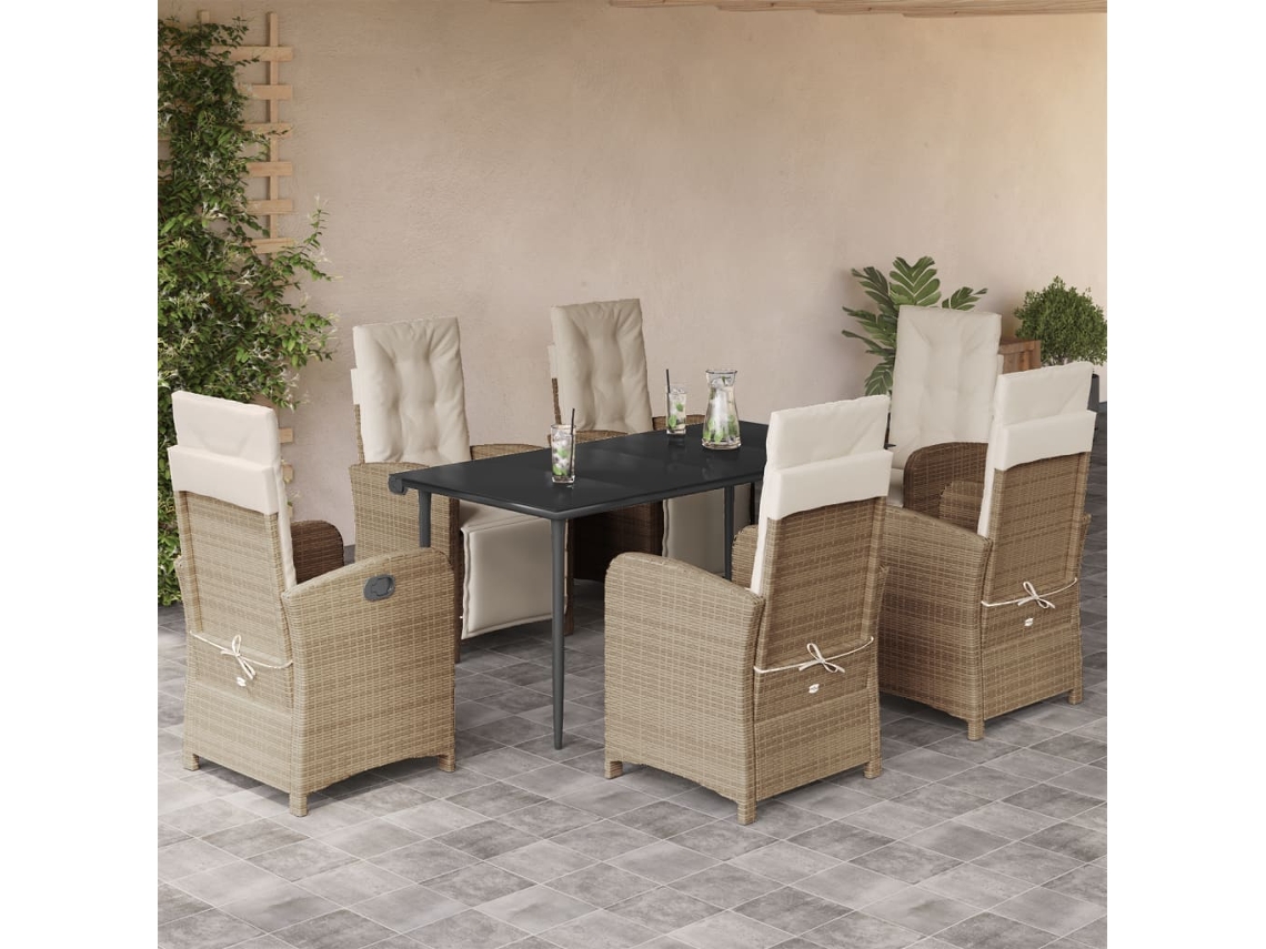 Vidaxl 7 Pcs Conjunto De Jantar P/ Jardim Com Almofadões Vime Pe Bege