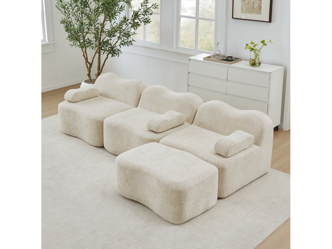 Sofá Modular Boneless Em L Bege Com Ottoman E Assento Profundo Para Sala