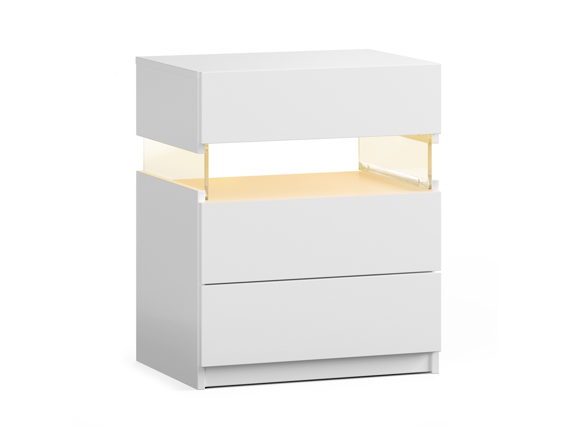 Mesa de Cabeceira Led com 3 Gavetas para Quarto,mobiliário de Canto com Tampo Acrílico Branco ORBITRA COMMERCE