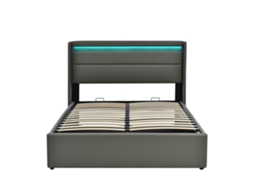 Cama De Couro Sintético De 140x200cm Com Led - Com Estrado - Cinzento