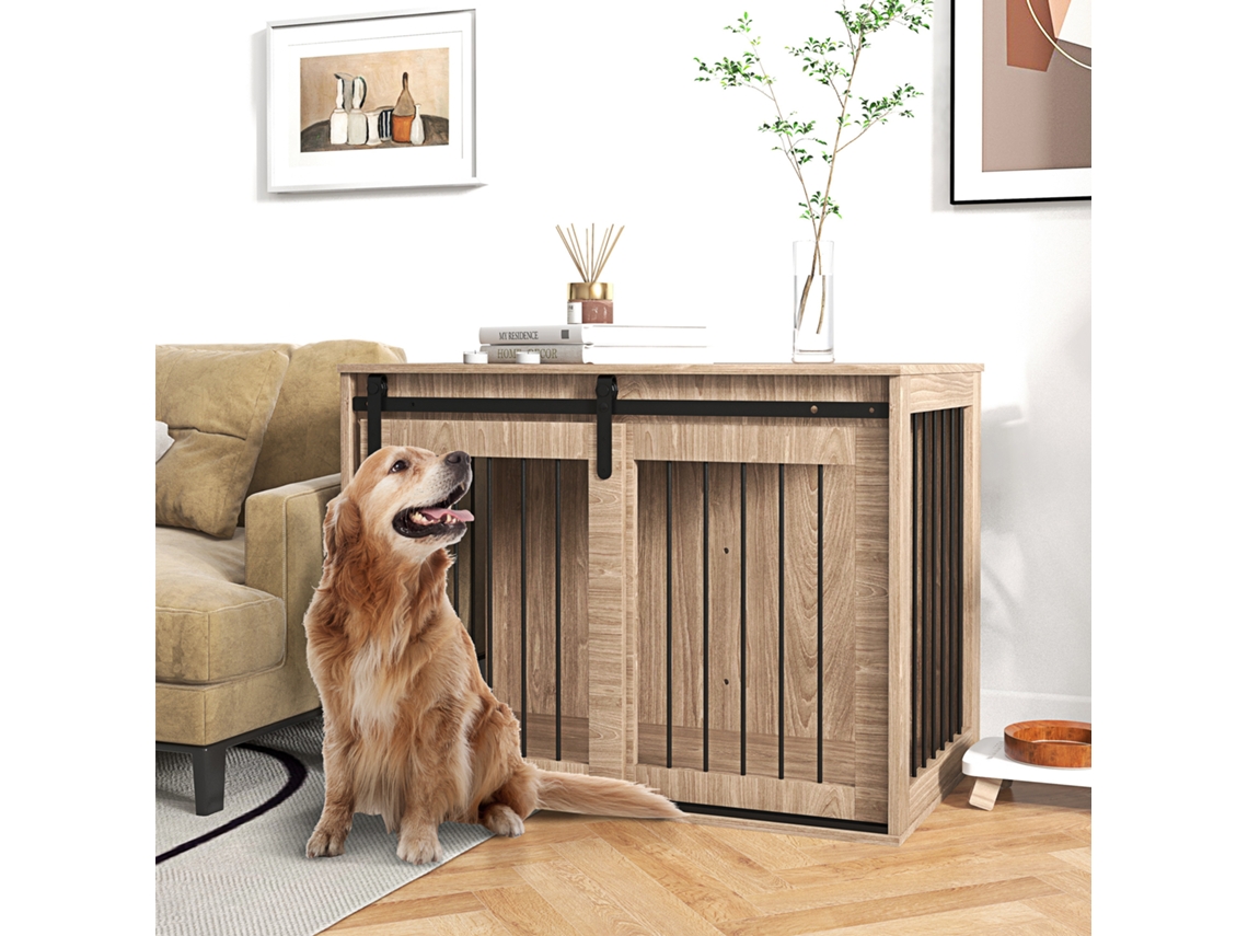Gaiola Para Cachorro Em Madeira Com Design Rústico, Modelo Trancável, Nas Medidas 98x58x61 Cm Na Cor Nogueira E Preto