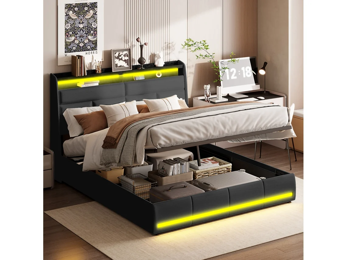 Cama 140x200 Cm Led, Boxspring Funcional Em Madeira Com Estrado E Cabeceira, Cama De Casal Com Armazenamento Branco Ycone