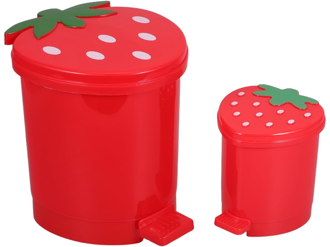 Conjunto Healeved de 2 Mini Lixeiras Plástico Vermelhas com Tampas em Formato Morango Fofas para Escritório