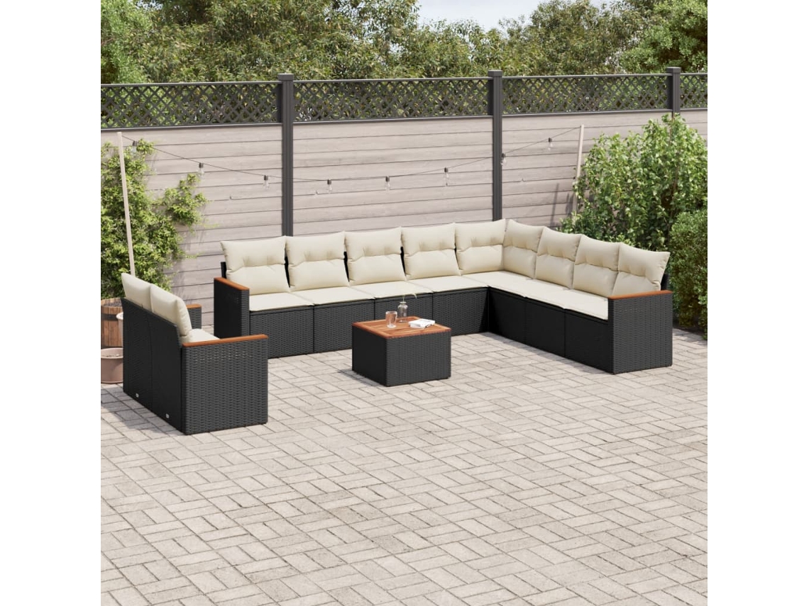 11 Pcs Conjunto Sofás De Jardim C/ Almofadões Vime Pe Preto Dkd Home Decor